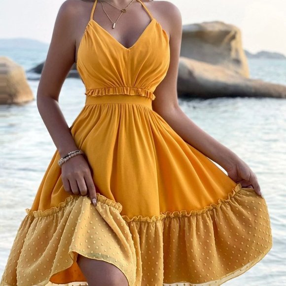 MODA ME COUTURE Dresses & Skirts - yellow Frill Trim Contrast Swiss Dot Halter Backless Dress